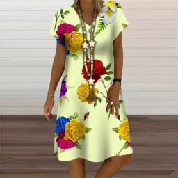 Summer Fashion Butterfly Plant Flowers Print Women Dress Elegant Sweet Short Sleeve V-Neck Oversized Clothing Casual Loose Dress