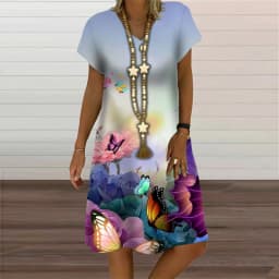 Summer Fashion Butterfly Plant Flowers Print Women Dress Elegant Sweet Short Sleeve V-Neck Oversized Clothing Casual Loose Dress