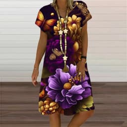 Summer Fashion Butterfly Plant Flowers Print Women Dress Elegant Sweet Short Sleeve V-Neck Oversized Clothing Casual Loose Dress
