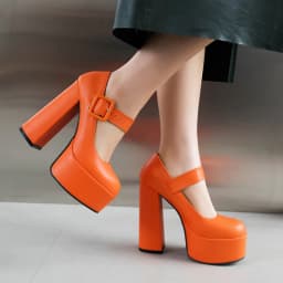 Super High Thick Heel Waterproof Platform Shallow Square Buckle Women's High Heels Party Wearing Orange Women's Pumps