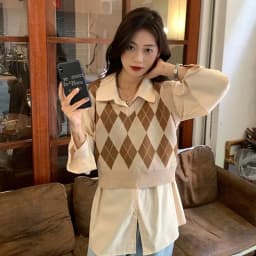 Lucyever Retro Argyle Pattern Women Vest Sweater Harajuku Preppy Style Sleeveless Sweaters Girl Autumn V-Neck Knitted Crop Tops