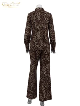 Clacive Sexy Slim Leopard Print Women Two Piece Outfits 2023 Fashion Long Sleeve Shirts With Mid Waits Wide Leg Pants Set Female