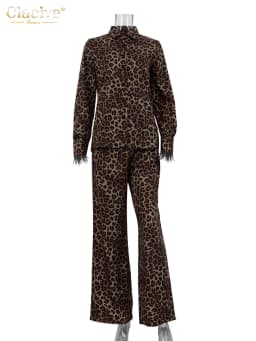 Clacive Sexy Slim Leopard Print Women Two Piece Outfits 2023 Fashion Long Sleeve Shirts With Mid Waits Wide Leg Pants Set Female