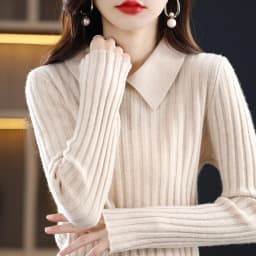 Autumn Winter New Woman 100% Wool Sweater Soft Polo Collar Vertical Stripe Pullover Casual Knitted Tops Cashmere Female Sweater