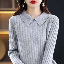 Autumn Winter New Woman 100% Wool Sweater Soft Polo Collar Vertical Stripe Pullover Casual Knitted Tops Cashmere Female Sweater