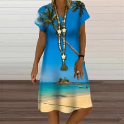 Natural Scenery Summer Tropic Beach Style 3D Print Dresses For Women Oversized Short Sleeve Loose Clothing Casual V-Neck Dress