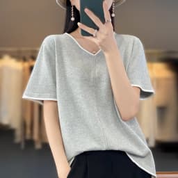 100% Cotton T-Shirt Women's V-Neck Pullover Short Sleeve Summer New Casual Knitting Loose Top Fashion Color Contrast T-Shirt