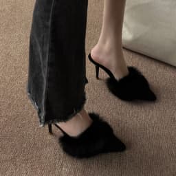 High Heel Fur Mule Slides Woman Elegant Pointed Toe Furry Slippers Ladies Luxury Plush Evening Party Pump Shoes