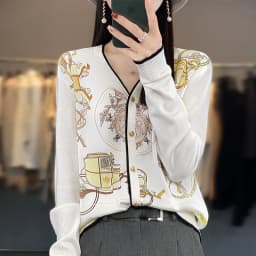 Spring Autumn Women 100% Wool Silk Stitching Sweater New V-neck Printing Cardigan Casual Knitted Soft Jacket Slim Warm Tops