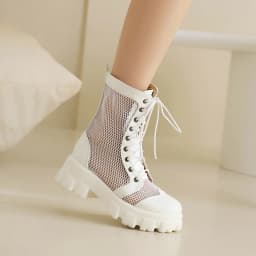 Mesh Panel Lacquer Leather Cutout Breathable Short Boots Flat Heel Thick Sole Lace Up Mesh Boots Zipper Elevated Shoes