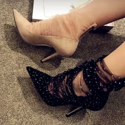 Sexy Ruffled Mesh Lace Covered Translucent Ankle Boots Pointed Toe Woman Dim Lace Summer Boots Thin High Heels Pumps