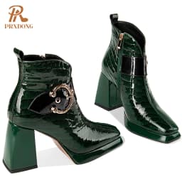 2021 New High Quality Genuine Leather Women's Boots Ladies Ankle Boots High Heels Buckle Platform Shoes for Female Autumn Winter