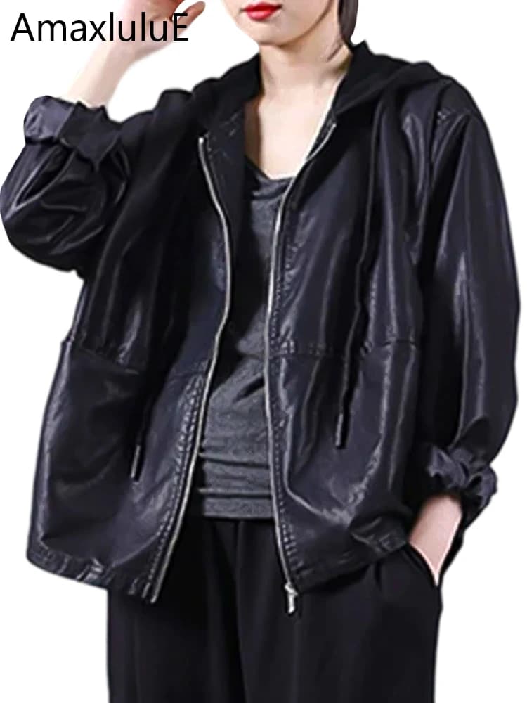Amax LuluE Spring European Outerwear Womens Black Faux Leather Jacket Ladies Punk Casual Pu Biker Coat Loose Motorcycle Clothing