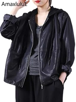 Amax LuluE Spring European Outerwear Womens Black Faux Leather Jacket Ladies Punk Casual Pu Biker Coat Loose Motorcycle Clothing