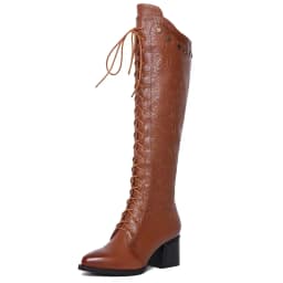 Knee High Boots Women 2026 Cow Genuine Leather Pointed Toe Heel ZIP Laces Punk Casual Warm Long Shoes Winter Big Size 42