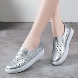 Spring Summer Silver Flats Hollow Out Women's White Loafer Split Leather Boat Shoes Comfy Ladies Best Flats For Standing All Day