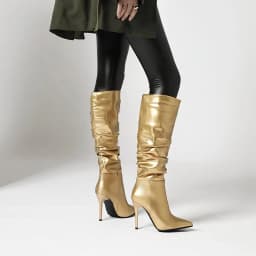 Metallic Bright Leather Color Ultra-High Stiletto Heel-Toe Knee-Length Boots Gun Color Short Plush Women's Boots Golden Pleated