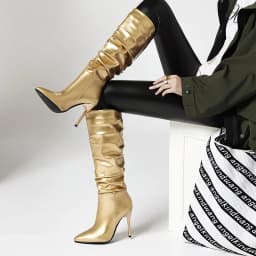 Metallic Bright Leather Color Ultra-High Stiletto Heel-Toe Knee-Length Boots Gun Color Short Plush Women's Boots Golden Pleated