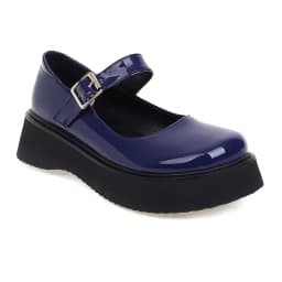 Sweet Dark Blue Mary Jane Shoes Japanese Kawaii Shiny Patent Leather Metal Belt Buckle Women's Pumps Platform Heel Shoes