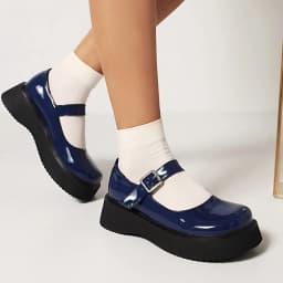 Sweet Dark Blue Mary Jane Shoes Japanese Kawaii Shiny Patent Leather Metal Belt Buckle Women's Pumps Platform Heel Shoes