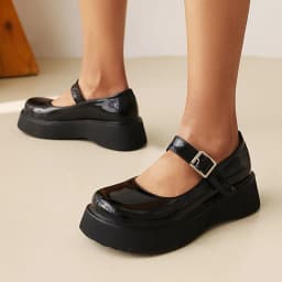 Sweet Dark Blue Mary Jane Shoes Japanese Kawaii Shiny Patent Leather Metal Belt Buckle Women's Pumps Platform Heel Shoes