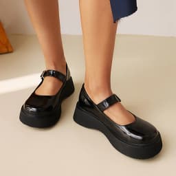 Sweet Dark Blue Mary Jane Shoes Japanese Kawaii Shiny Patent Leather Metal Belt Buckle Women's Pumps Platform Heel Shoes