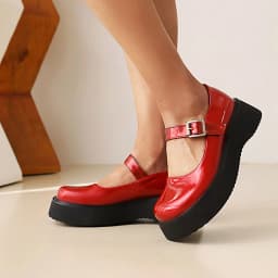 Sweet Dark Blue Mary Jane Shoes Japanese Kawaii Shiny Patent Leather Metal Belt Buckle Women's Pumps Platform Heel Shoes