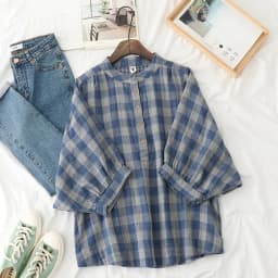 Retro Plaid Cotton Shirt Women's Tee Shirt Loose Stand Collar Tshirt Spring And Summer Three-quarter Sleeve TshirtsWoman Clothes