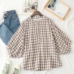 Retro Plaid Cotton Shirt Women's Tee Shirt Loose Stand Collar Tshirt Spring And Summer Three-quarter Sleeve TshirtsWoman Clothes
