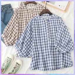 Retro Plaid Cotton Shirt Women's Tee Shirt Loose Stand Collar Tshirt Spring And Summer Three-quarter Sleeve TshirtsWoman Clothes