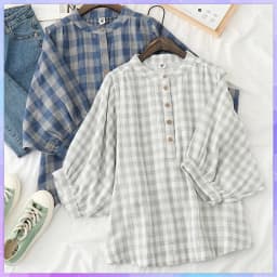Retro Plaid Cotton Shirt Women's Tee Shirt Loose Stand Collar Tshirt Spring And Summer Three-quarter Sleeve TshirtsWoman Clothes