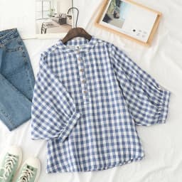 Retro Plaid Cotton Shirt Women's Tee Shirt Loose Stand Collar Tshirt Spring And Summer Three-quarter Sleeve TshirtsWoman Clothes