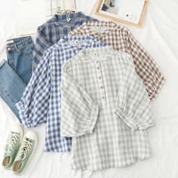Retro Plaid Cotton Shirt Women's Tee Shirt Loose Stand Collar Tshirt Spring And Summer Three-quarter Sleeve TshirtsWoman Clothes