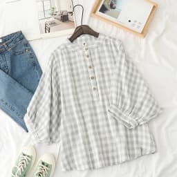 Retro Plaid Cotton Shirt Women's Tee Shirt Loose Stand Collar Tshirt Spring And Summer Three-quarter Sleeve TshirtsWoman Clothes