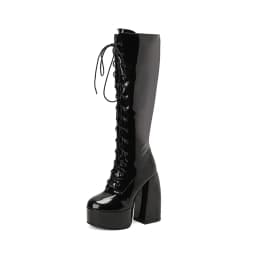 Winter Bright Patent Leather Colorful Patent Leather Boots Plus Size Super Thick Heel Platform Cross Lacing Women's Knee Boots