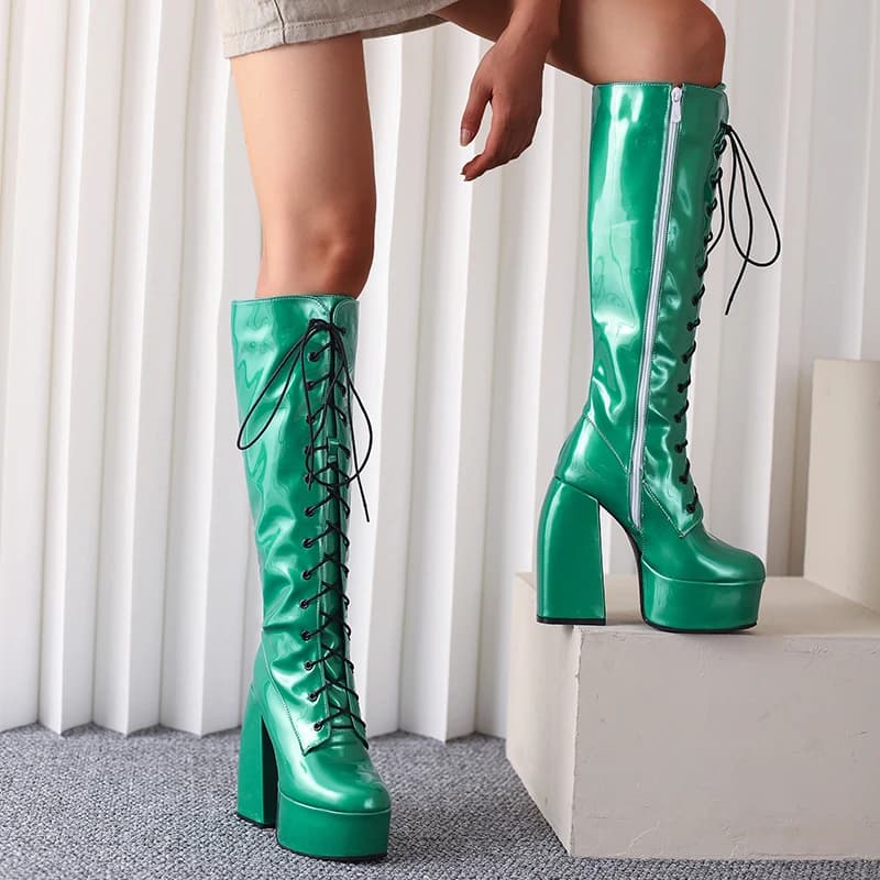 Winter Bright Patent Leather Colorful Patent Leather Boots Plus Size Super Thick Heel Platform Cross Lacing Women's Knee Boots