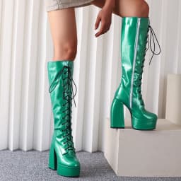 Winter Bright Patent Leather Colorful Patent Leather Boots Plus Size Super Thick Heel Platform Cross Lacing Women's Knee Boots