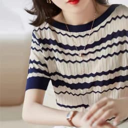 Fashionable summer wave stripe ice silk knit short sleeve women's round collar thin cotton and linen T-shirt half sleeve top