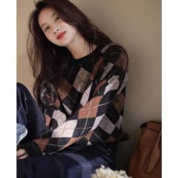 Rhomb patchwork color thickened round neck cashmere knitwear women's fall/winter loose slimming large-size wool base sweater