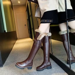 Low-Heel Round-Toe Faux Fur Over The Knee Boots Thick-Soled Lace-Up Side Zipper Street Punk Women’S Boots Warm Winter Boots