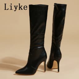 Liyke 2026 Sexy Pointed Toe Pole Dance Stiletto Heels Knee High Boots Fashion Zip Black White Women Long Shoes Botas Altas Mujer