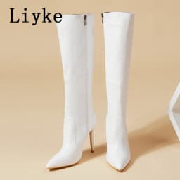 Liyke 2026 Sexy Pointed Toe Pole Dance Stiletto Heels Knee High Boots Fashion Zip Black White Women Long Shoes Botas Altas Mujer