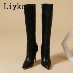 Liyke 2026 Sexy Pointed Toe Pole Dance Stiletto Heels Knee High Boots Fashion Zip Black White Women Long Shoes Botas Altas Mujer