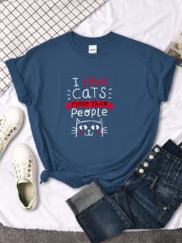 Women Tshirt I Love Cats More Than People Printing Tshirt Vintage Korean Style Woman T-Shirts Gothic Crewneck Women's Shirts