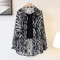 Women's Chiffon T-shirt Letter Plaid Tee Shirts Female Summer Loose Top Long Sleeve T-shirts See Through Thin Tops Coat