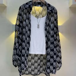 Women's Chiffon T-shirt Letter Plaid Tee Shirts Female Summer Loose Top Long Sleeve T-shirts See Through Thin Tops Coat