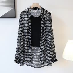 Women's Chiffon T-shirt Letter Plaid Tee Shirts Female Summer Loose Top Long Sleeve T-shirts See Through Thin Tops Coat