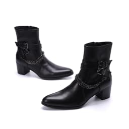Autumn And Winter Pointed High heels Men's boots Tie a chain Rivet Belt buckle Thick heel Genuine Leather Thick heeled boots