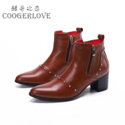 Autumn And Winter Pointed High heels Men's boots Tie a chain Rivet Belt buckle Thick heel Genuine Leather Thick heeled boots