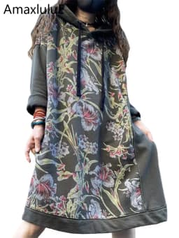 Amax luluE Autumn 2024 Vintage Printed Hooded Dress Women Casual Loose Vestidos Female Harajuku Floral Punk Fitness Long Clothes